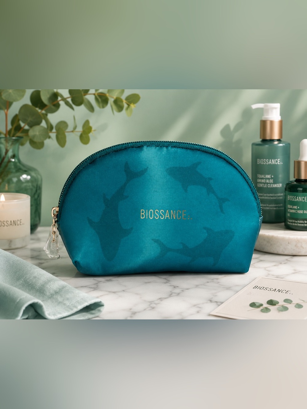 🦈 Biossance x Oceana Teal Shark Print Cosmetic Makeup Bag Pouch NWOT
